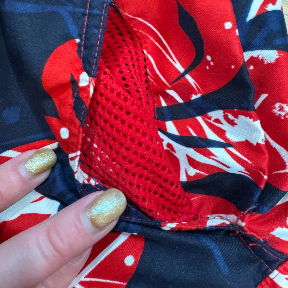 Speedo Mens Swim Trunks Red Navy White Abstract Floral Mesh Lined Board Shorts M